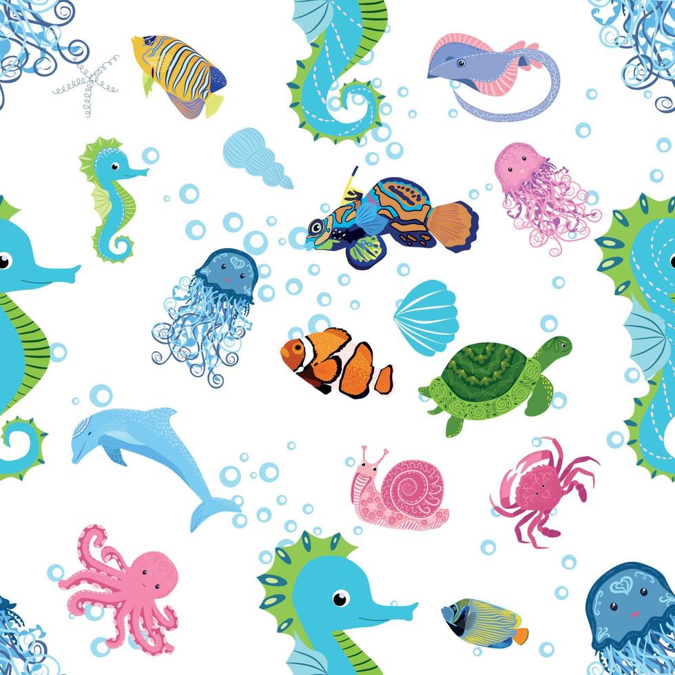 Marine life, fish, animals bright seamless pattern. sea travel, underwater diving animal tropical fish. Jellyfish, whale, shark, seahorse, clown fish, dolphin, turtle, emperor vector