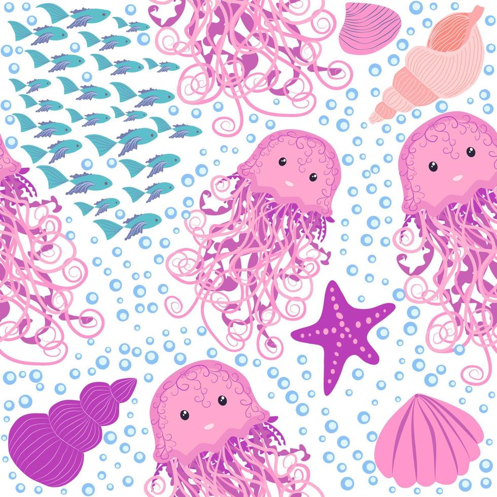 Seamless pattern with detailed transparent jellyfish. Childish seamless pattern with cute hand drawn fishes and jellyfishes in doodle style. Trendy nursery background vector