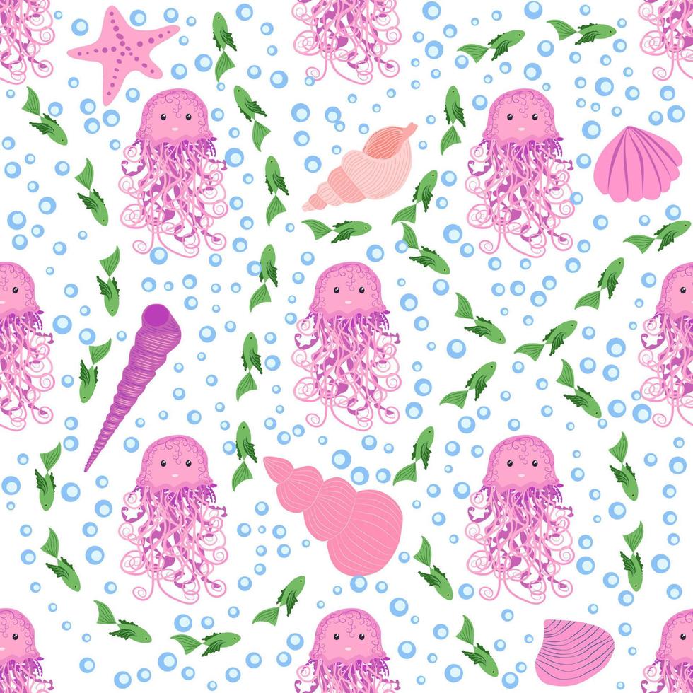 Seamless pattern with detailed transparent jellyfish. Childish seamless pattern with cute hand drawn fishes and jellyfishes in doodle style. Trendy nursery background vector