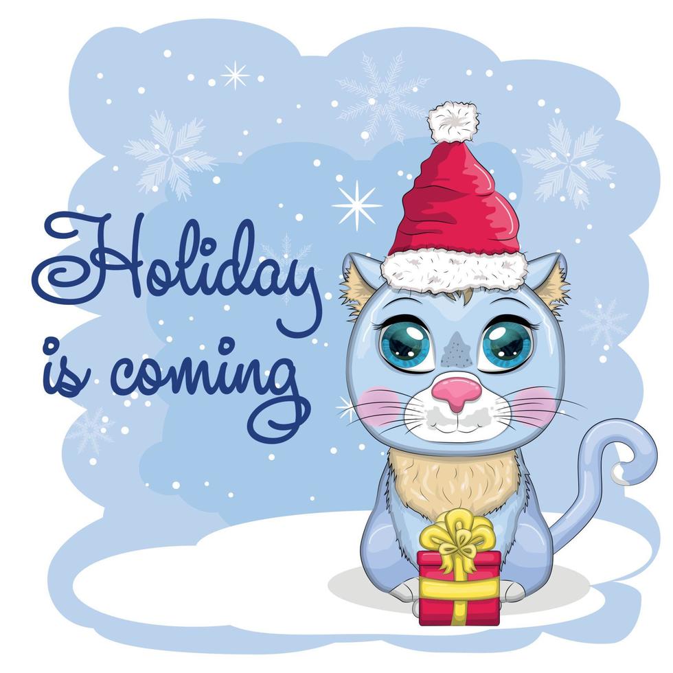 Cute cartoon cat in a Santa hat on a background of snow. Winter 2023, Christmas and Chinese New Year. vector