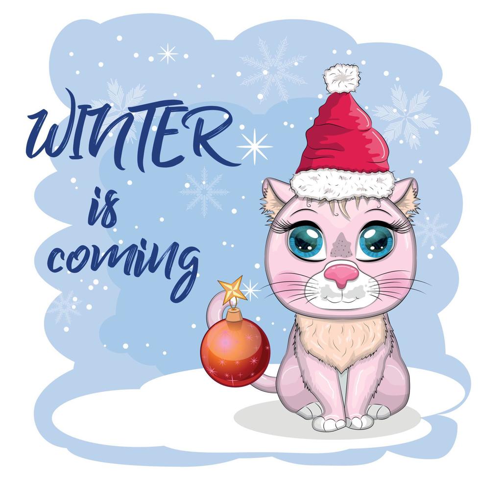 Cute cartoon cat in a Santa hat on a background of snow. Winter 2023, Christmas and Chinese New Year. vector