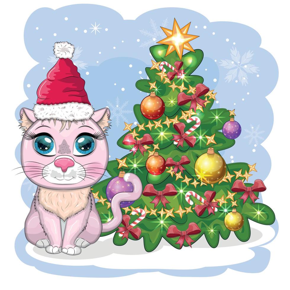 lindo gato de dibujos animados en el sombrero de santa cerca del árbol de navidad decorado. invierno 2023, navidad y nuevo chino vector