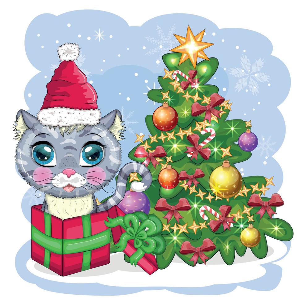 lindo gato de dibujos animados en el sombrero de santa cerca del árbol de navidad decorado. invierno 2023, navidad y nuevo chino vector