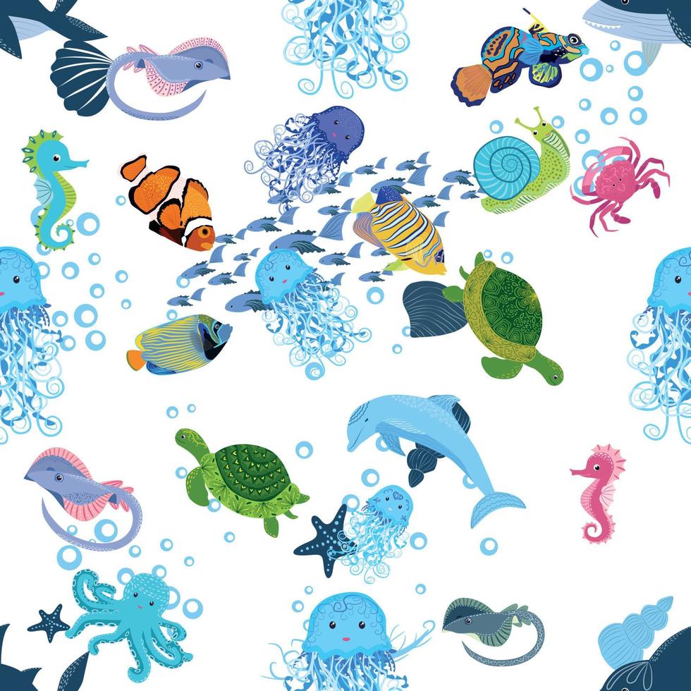 Marine life, fish, animals bright seamless pattern. sea travel, underwater diving animal tropical fish. Jellyfish, whale, shark, seahorse, clown fish, dolphin, turtle, emperor vector