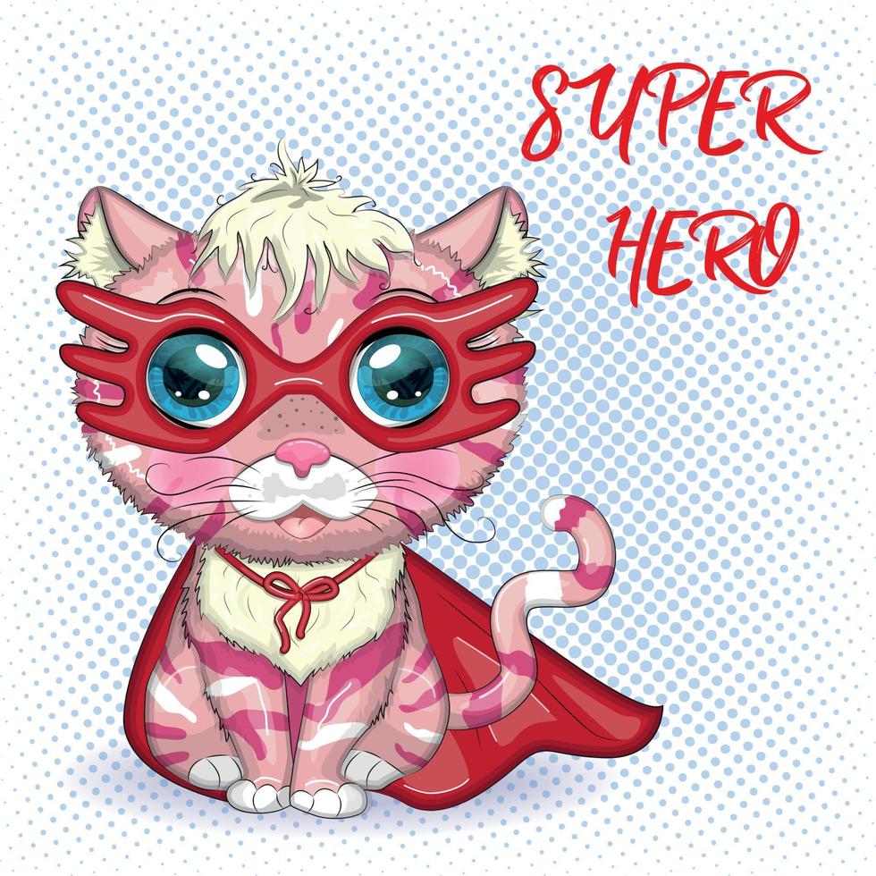 Cartoon cat superhero in a red cloak and mask. Cute child character, symbol of 2023 new chinese year vector