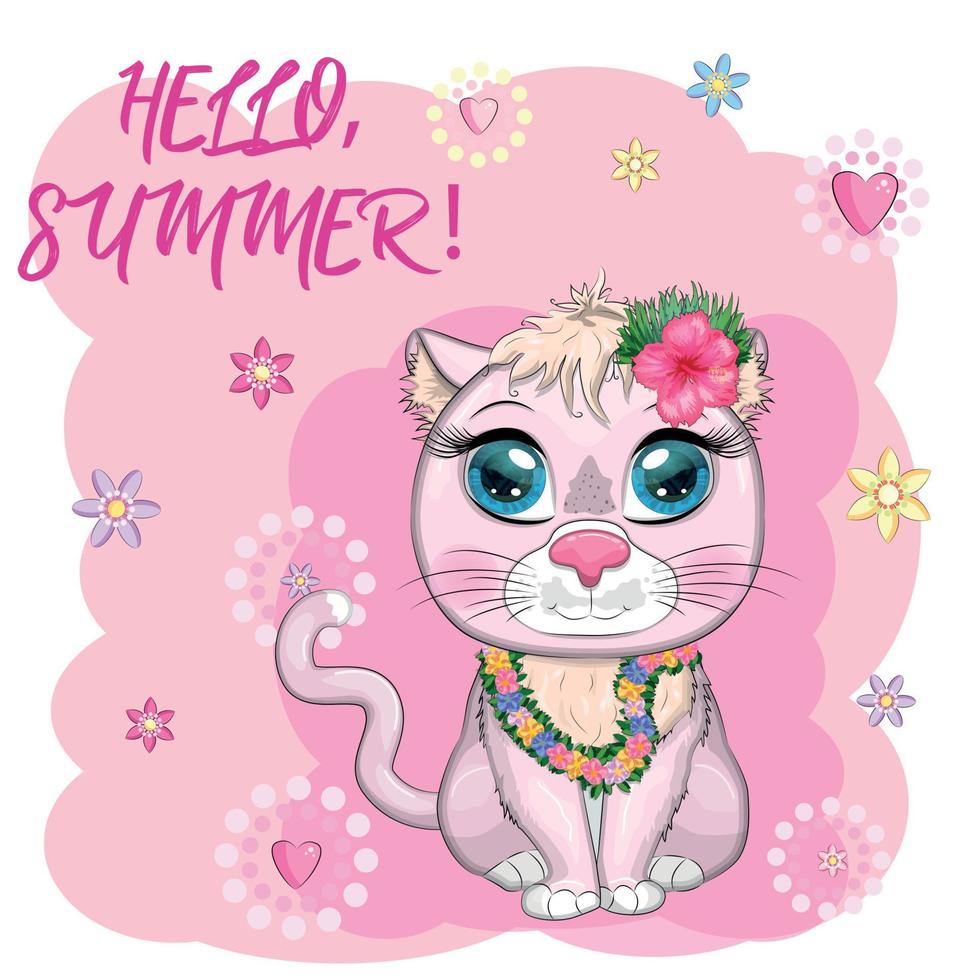Cartoon cat dressed as a hula dancer under the ukulele, Hawaii. Summer, vacation. Cute child character, symbol of 2023 vector