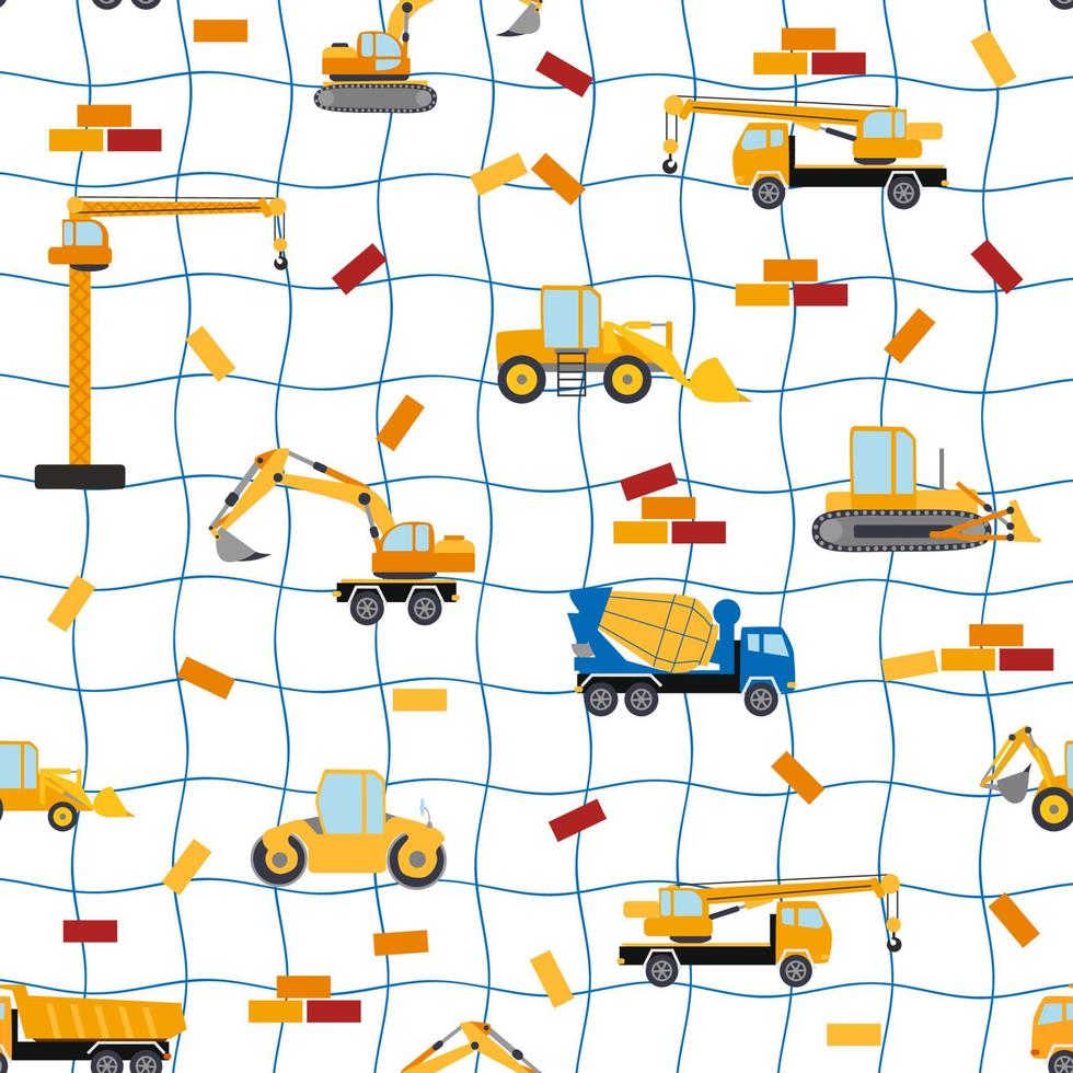 Cute childish seamless pattern with yellow car dump truck, crane, concrete mixer. Construction site illustration in cartoon style vector