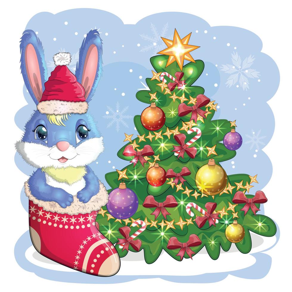 A cute cartoon rabbit in a Santa hat sits in a stocking near a decorated Christmas tree. Winter 2023, Christmas vector