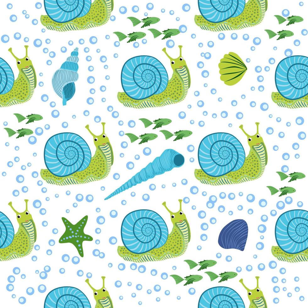 Snail, sea inhabitants seamless pattern, beautiful character among seashells, seaweed, starfish, sea animals of wildlife vector