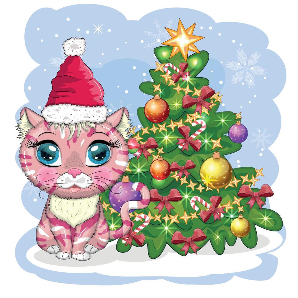 lindo gato de dibujos animados en el sombrero de santa cerca del árbol de navidad decorado. invierno 2023, navidad y nuevo chino vector