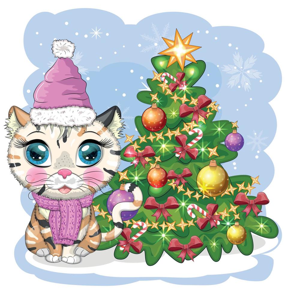 lindo gato de dibujos animados en el sombrero de santa cerca del árbol de navidad decorado. invierno 2023, navidad y nuevo chino vector