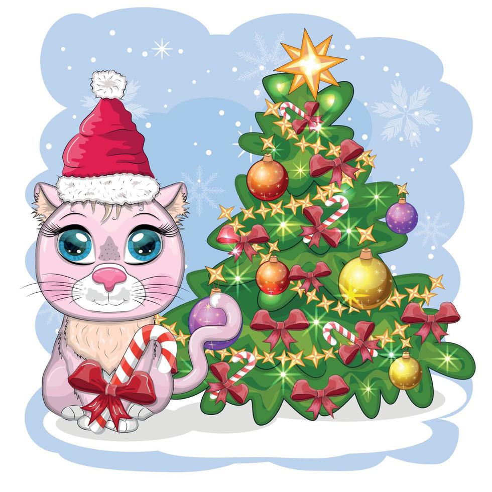 lindo gato de dibujos animados en el sombrero de santa cerca del árbol de navidad decorado. invierno 2023, navidad y nuevo chino vector