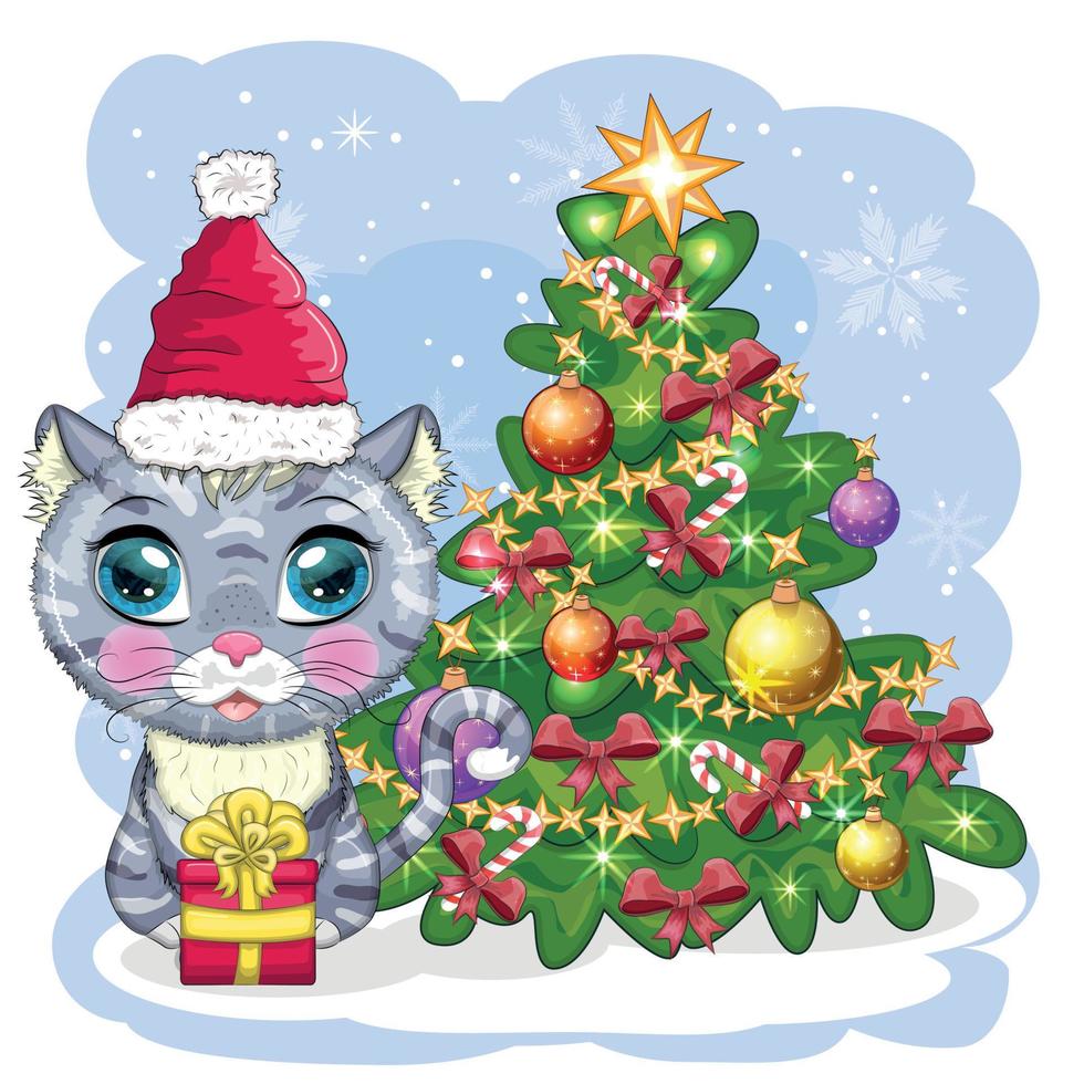 lindo gato de dibujos animados en el sombrero de santa cerca del árbol de navidad decorado. invierno 2023, navidad y nuevo chino vector