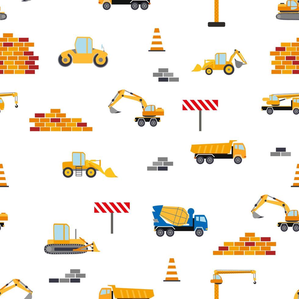 Cute childish seamless pattern with yellow car dump truck, crane, concrete mixer. Construction site illustration in cartoon style vector