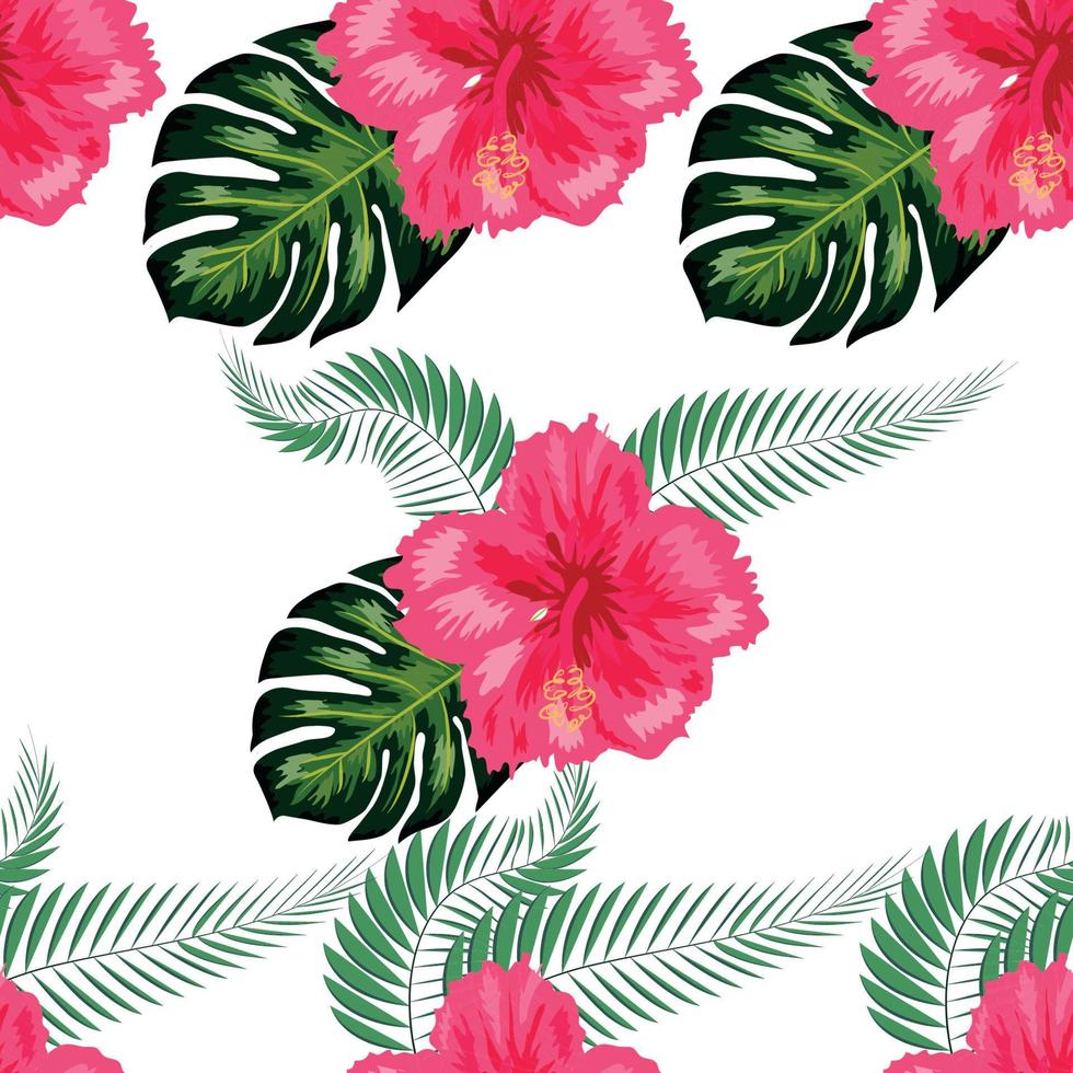 Seamless pattern with tropical leaves, hibiscus flowers vector