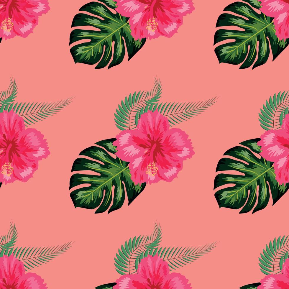 Seamless pattern with tropical leaves, hibiscus flowers vector