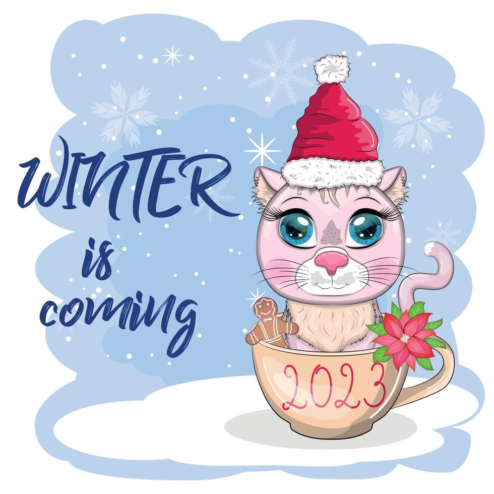 Cute cartoon cat in a Santa hat on a background of snow. Winter 2023, Christmas and Chinese New Year. vector