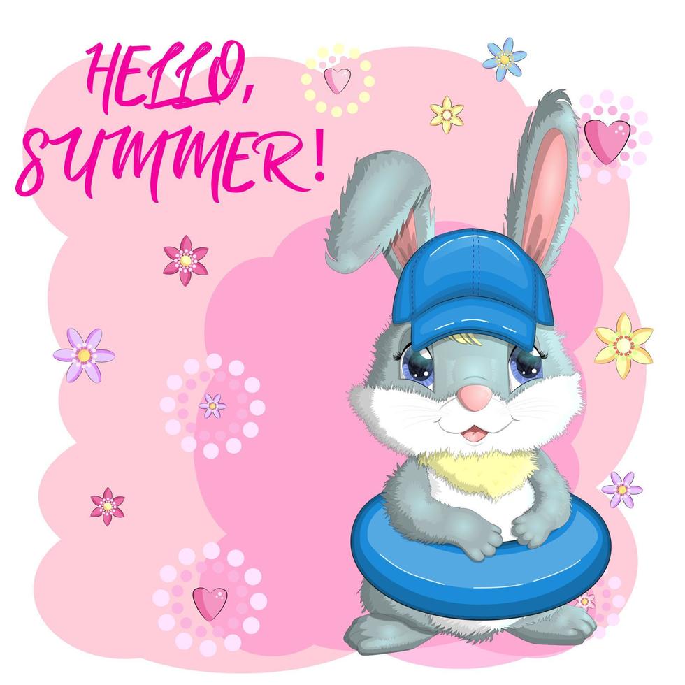 Cute rabbit, hare in a summer hat and swim ring, flippers. Beach, holiday, vacation concept. Symbol of 2023. vector