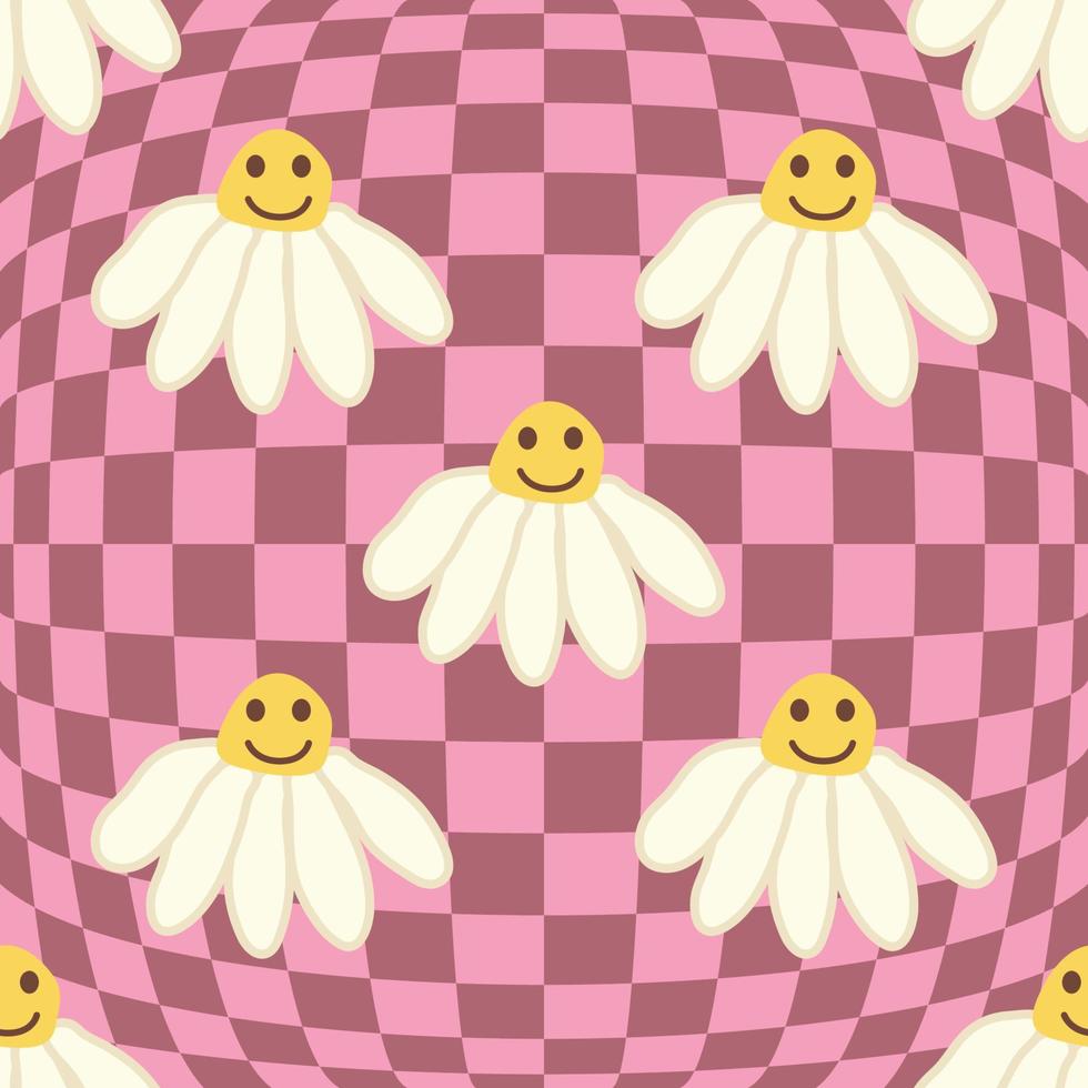 Retro Smile Chamomile Seamless Pattern on 1970 Wavy Swirl Seamless Pattern. Hippie Aesthetic. vector