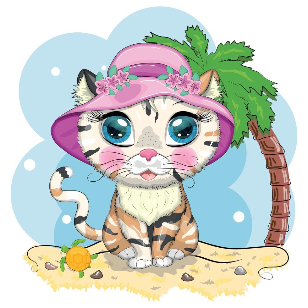 Cartoon cat in a hat with flowers. Summer, vacation. Cute child character, symbol of 2023 new chinese year. vector