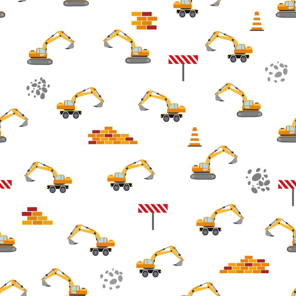 Cute childish seamless pattern with yellow car dump truck, crane, concrete mixer. Construction site illustration in cartoon style vector