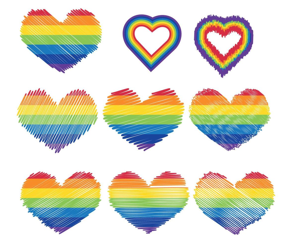orgullo lgbt corazón vector icono conjunto, lesbiana gay bisexual transgénero concepto símbolo de amor. colección de bandera del arco iris de colores. signo de diseño plano