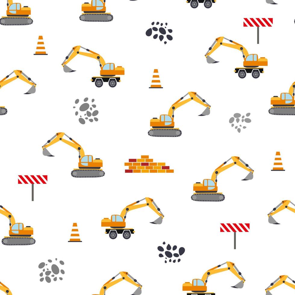 Cute childish seamless pattern with yellow car dump truck, crane, concrete mixer. Construction site illustration in cartoon style vector