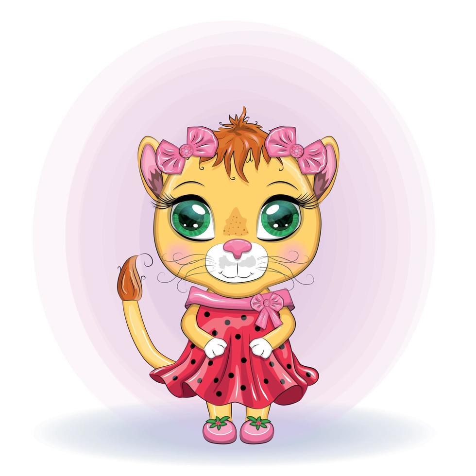 leona de dibujos animados con un hermoso vestido con lazos y flores. personaje de niña, animal salvaje con rasgos humanos. vector