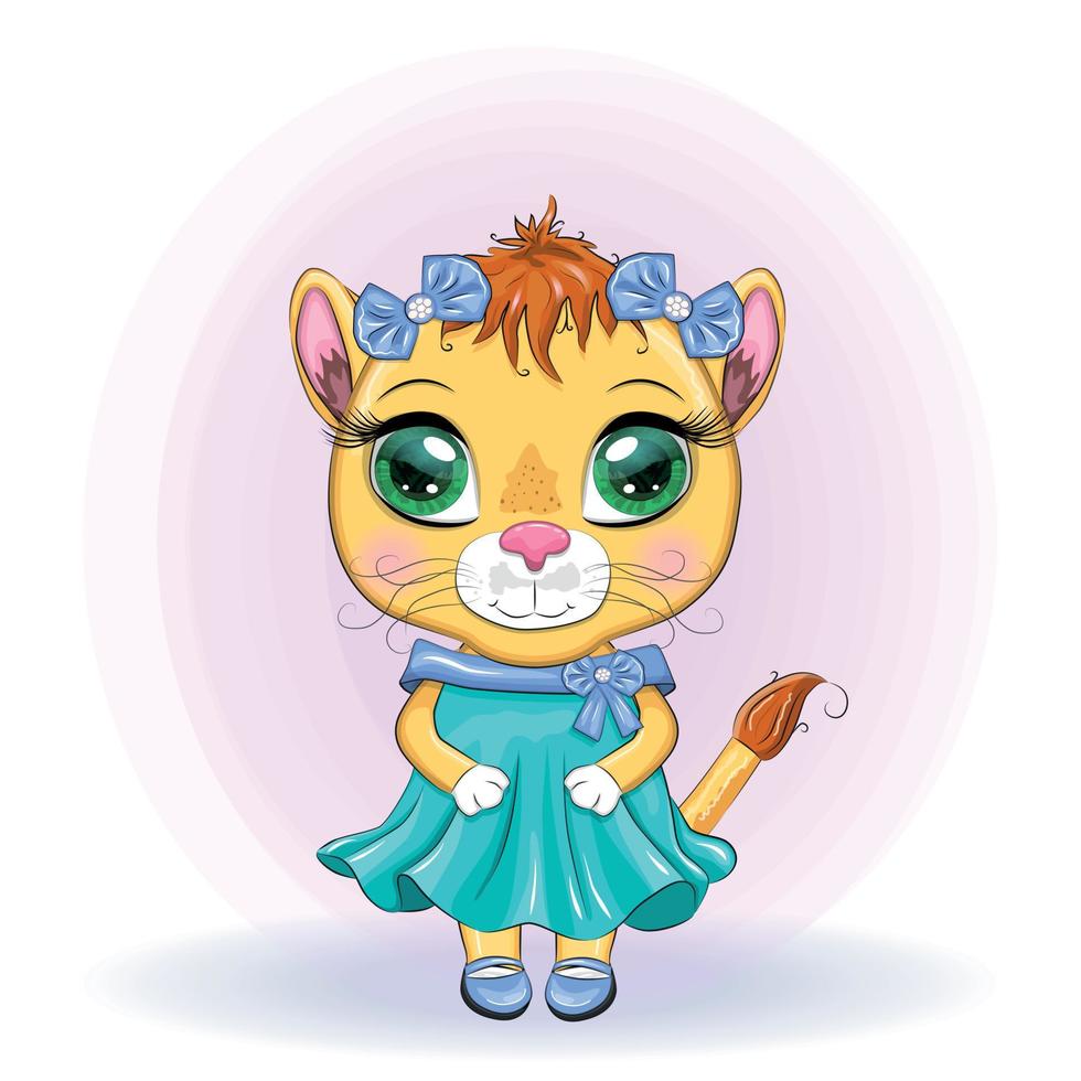 leona de dibujos animados con un hermoso vestido con lazos y flores. personaje de niña, animal salvaje con rasgos humanos. vector