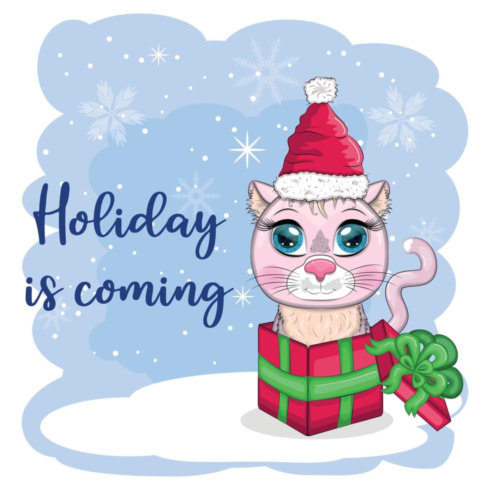 Cute cartoon cat in a Santa hat on a background of snow. Winter 2023, Christmas and Chinese New Year. vector