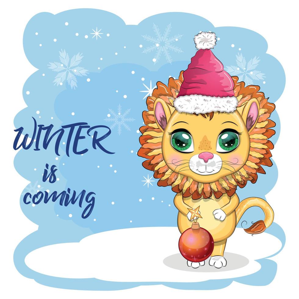 Merry Christmas and Happy New year. Funny lion in red hat with gift in cartoon style. Greeting card. vector