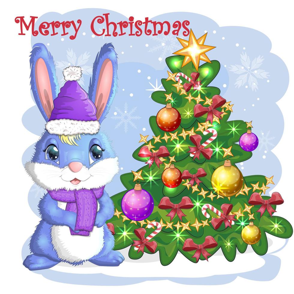 Cute cartoon bunny in Santa's hat near the decorated Christmas tree. Winter 2023, Christmas and New Year vector