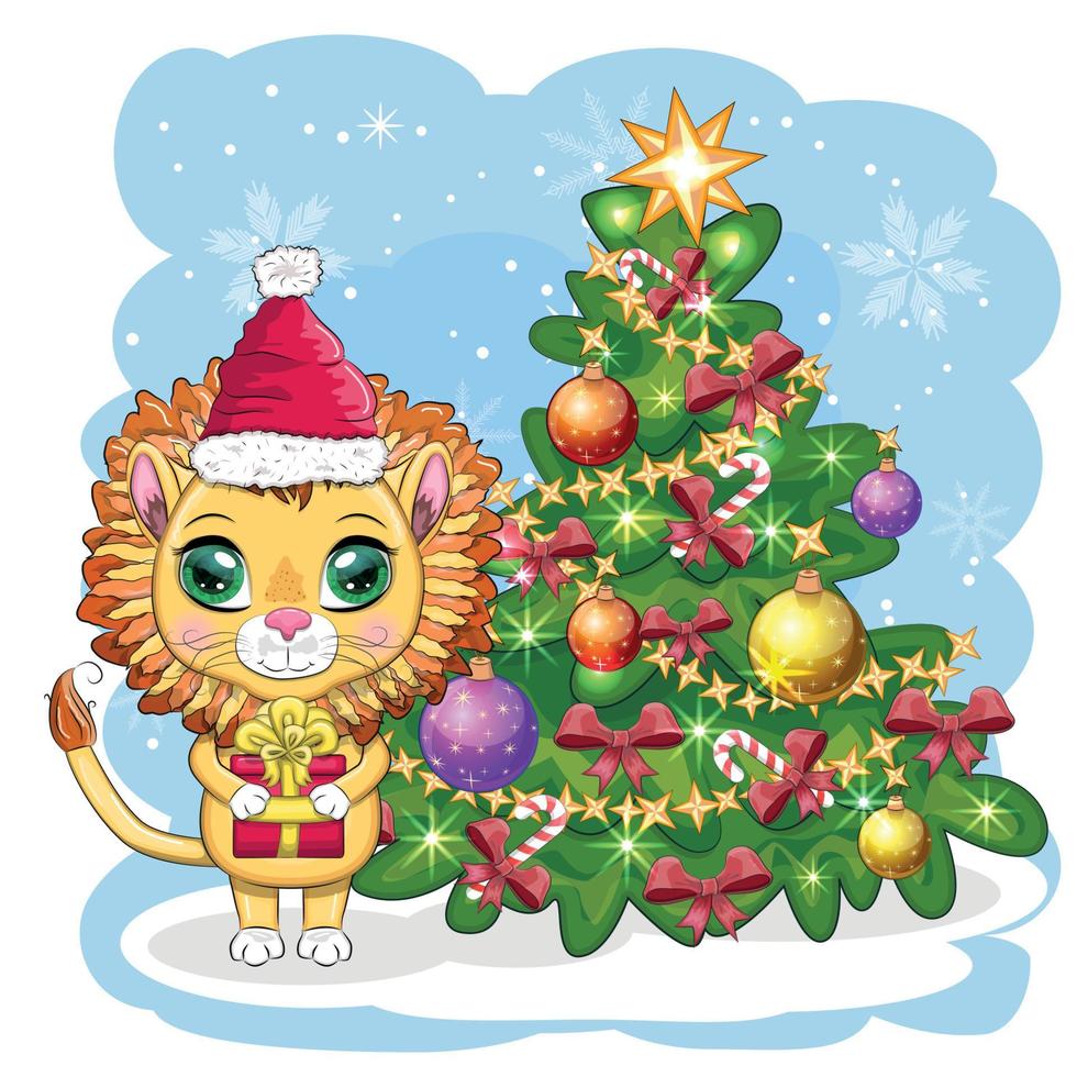Merry Christmas and Happy New year. Funny lion in red hat with gift in cartoon style. Greeting card. vector