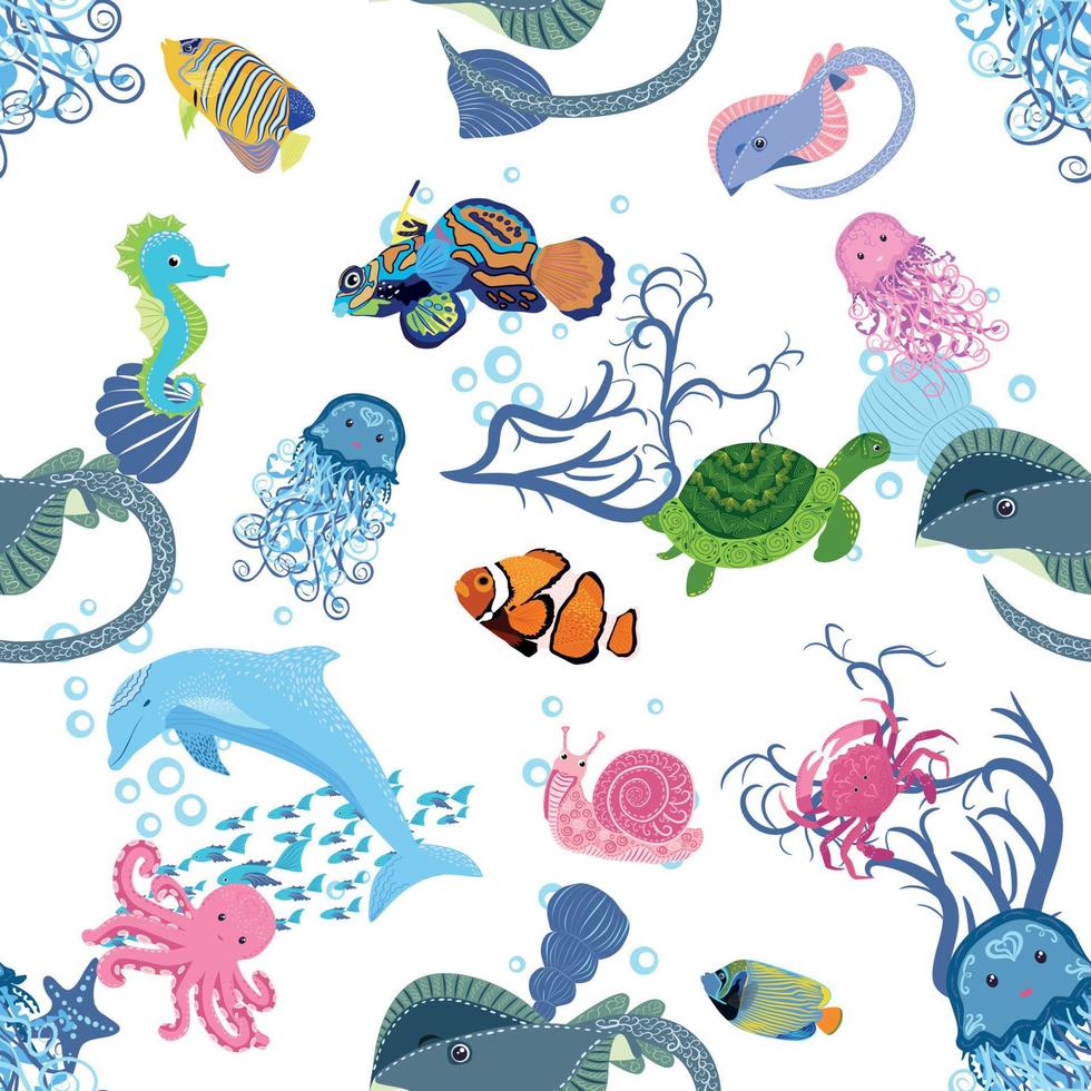 Marine life, fish, animals bright seamless pattern. sea travel, underwater diving animal tropical fish. Jellyfish, whale, shark, seahorse, clown fish, dolphin, turtle, emperor vector