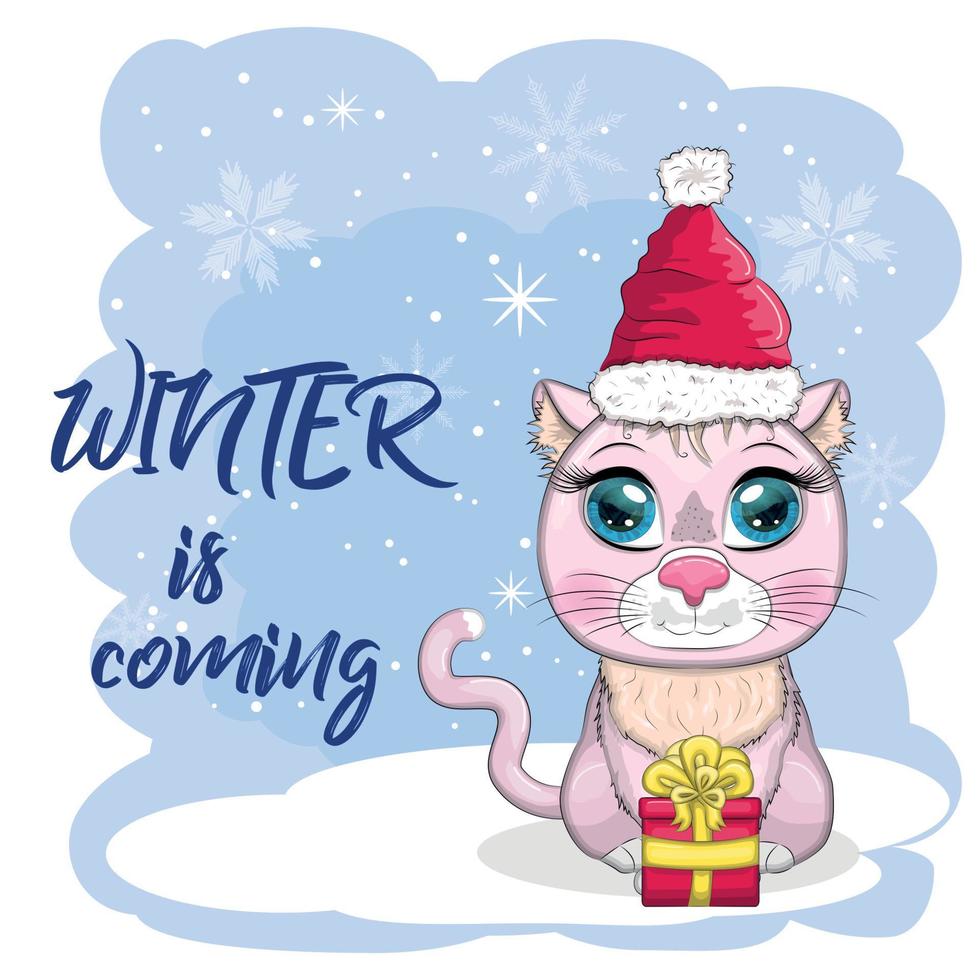 Cute cartoon cat in a Santa hat on a background of snow. Winter 2023, Christmas and Chinese New Year. vector