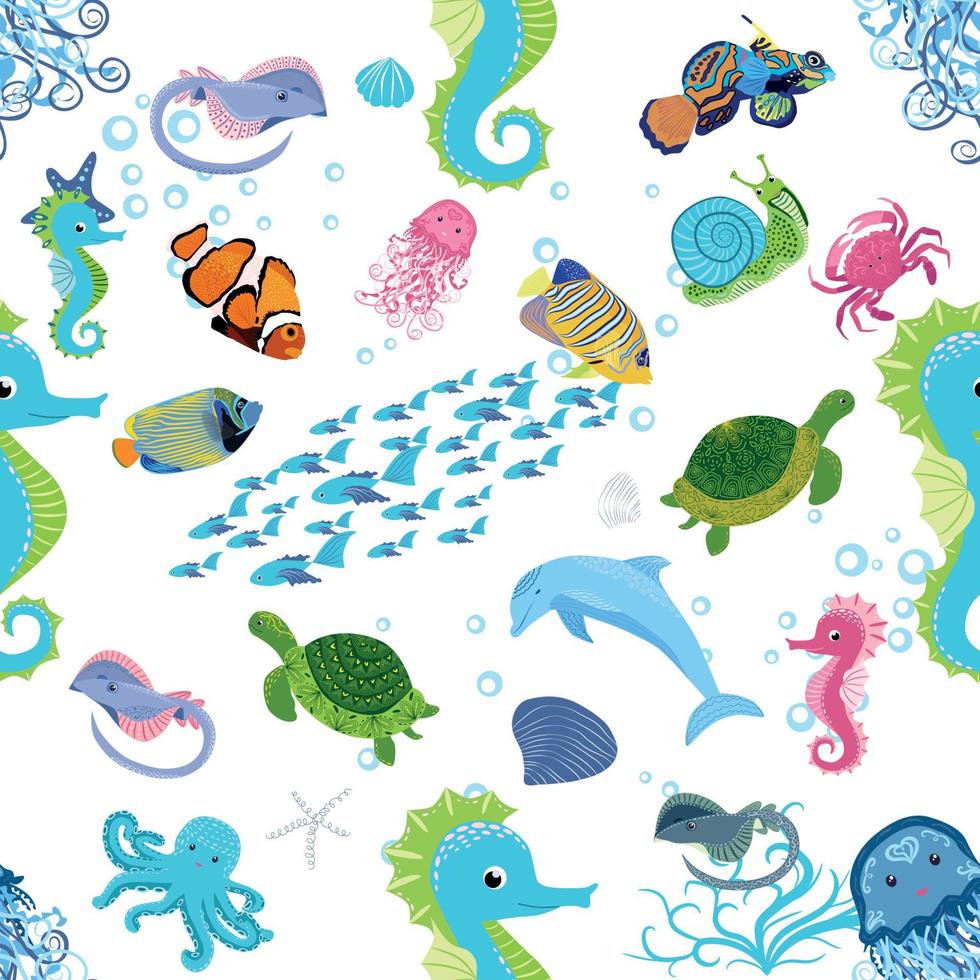 Marine life, fish, animals bright seamless pattern. sea travel, underwater diving animal tropical fish. Jellyfish, whale, shark, seahorse, clown fish, dolphin, turtle, emperor vector