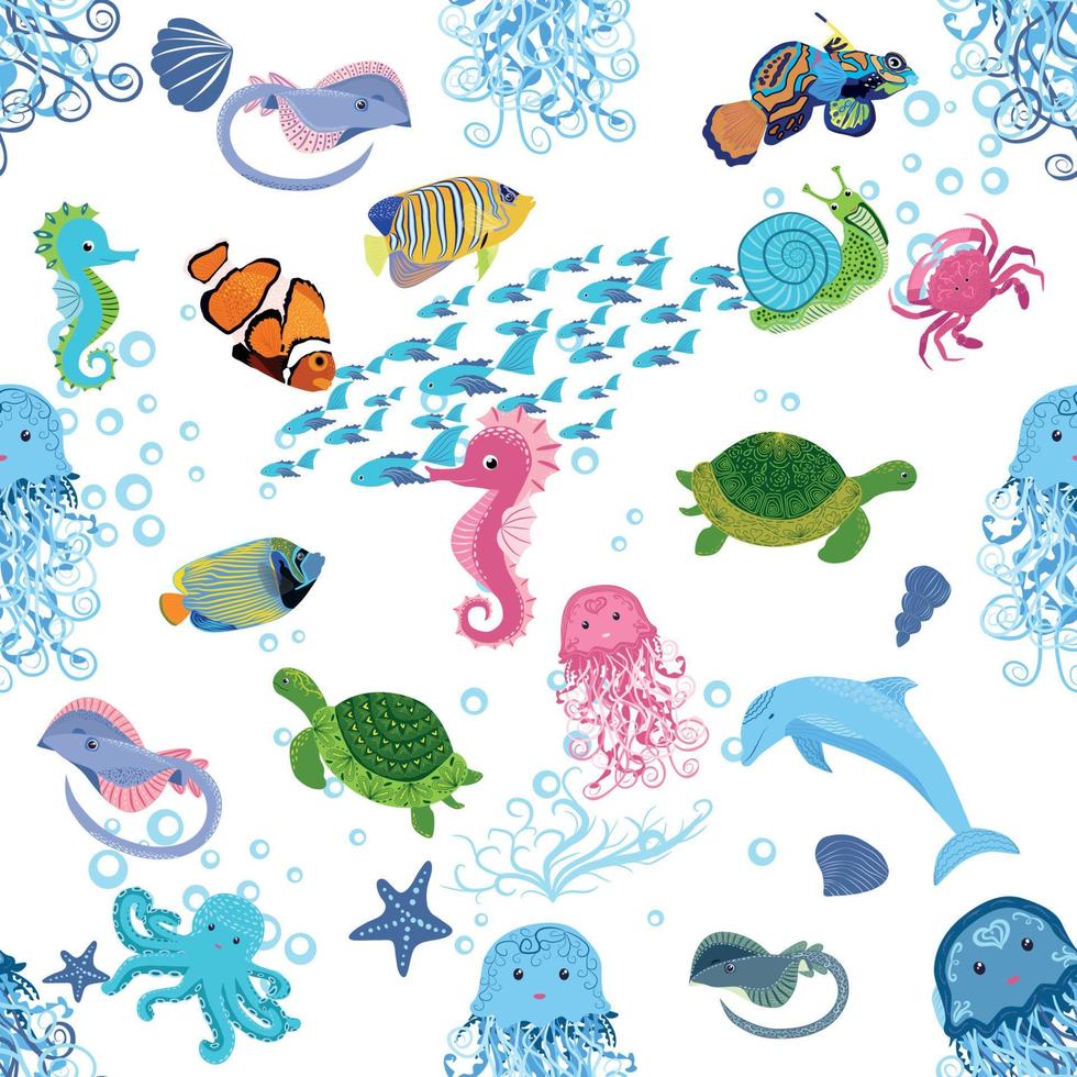 Marine life, fish, animals bright seamless pattern. sea travel, underwater diving animal tropical fish. Jellyfish, whale, shark, seahorse, clown fish, dolphin, turtle, emperor vector