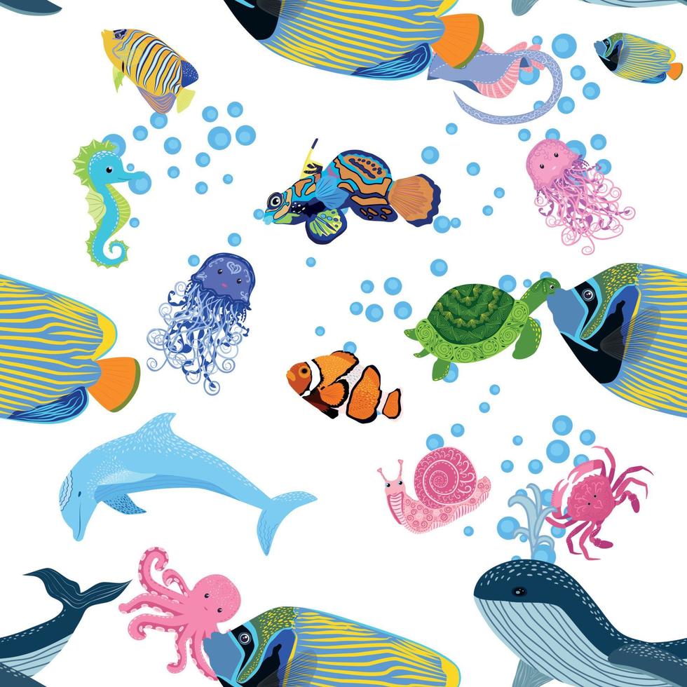 Marine life, fish, animals bright seamless pattern. sea travel, underwater diving animal tropical fish. Jellyfish, whale, shark, seahorse, clown fish, dolphin, turtle, emperor vector