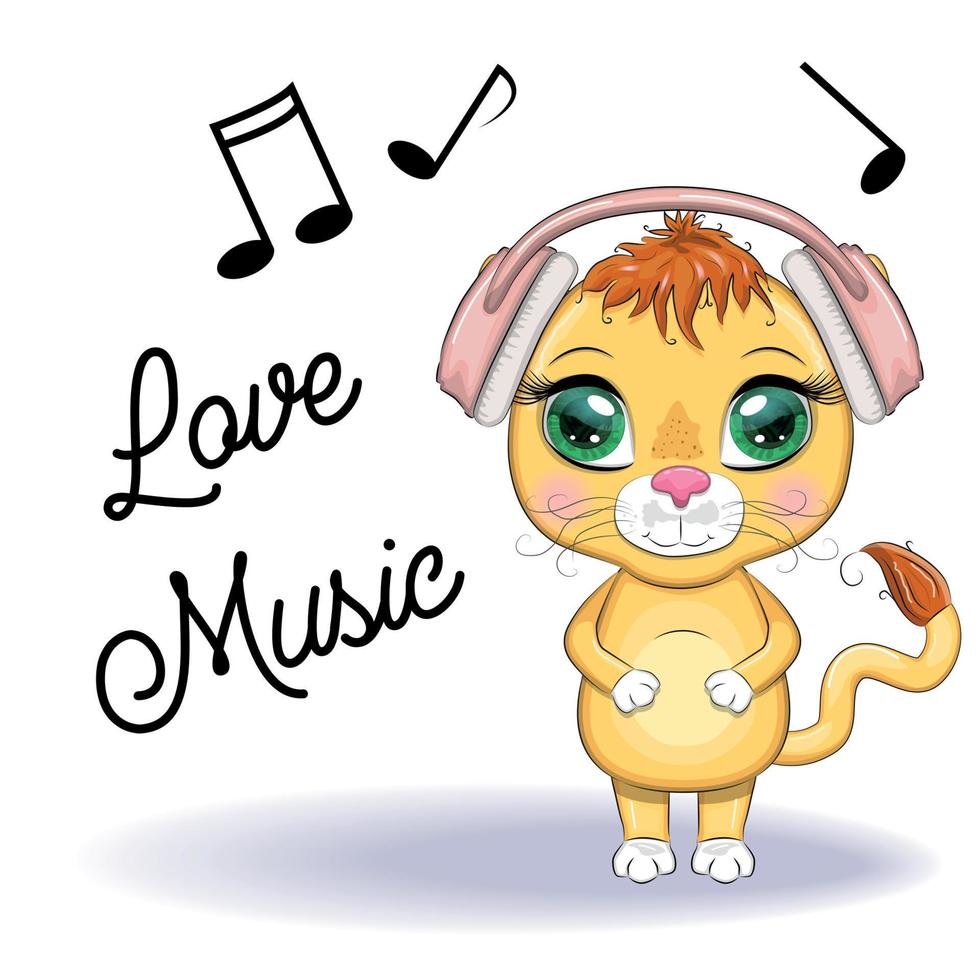 lindo león de dibujos animados con auriculares, escucha música, nota, clave de sol vector