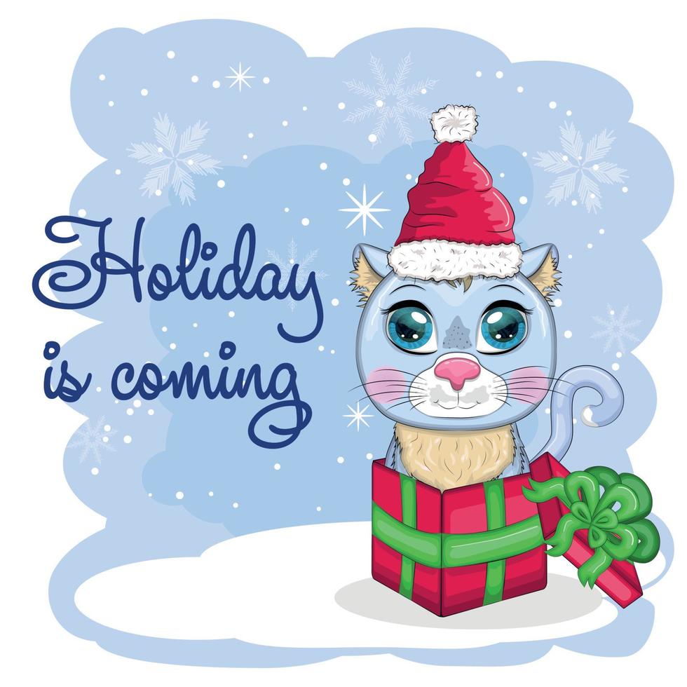 Cute cartoon cat in a Santa hat on a background of snow. Winter 2023, Christmas and Chinese New Year. vector