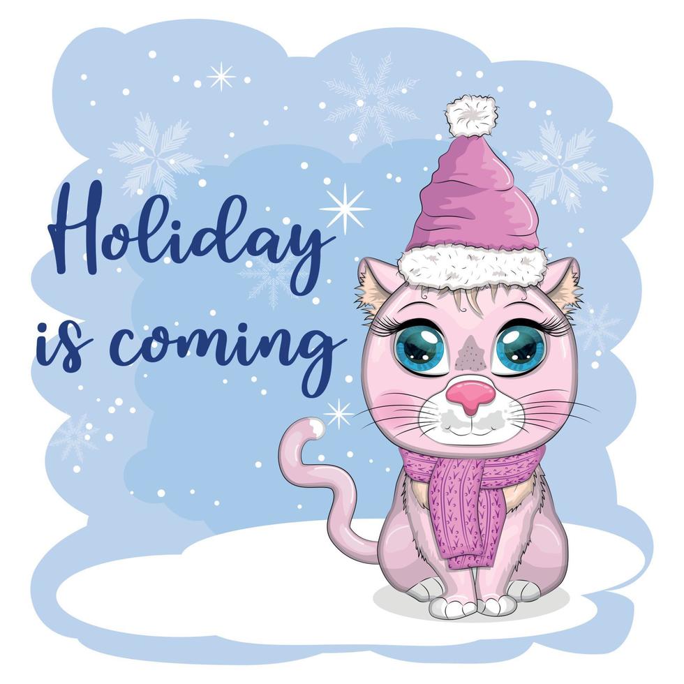 Cute cartoon cat in a Santa hat on a background of snow. Winter 2023, Christmas and Chinese New Year. vector