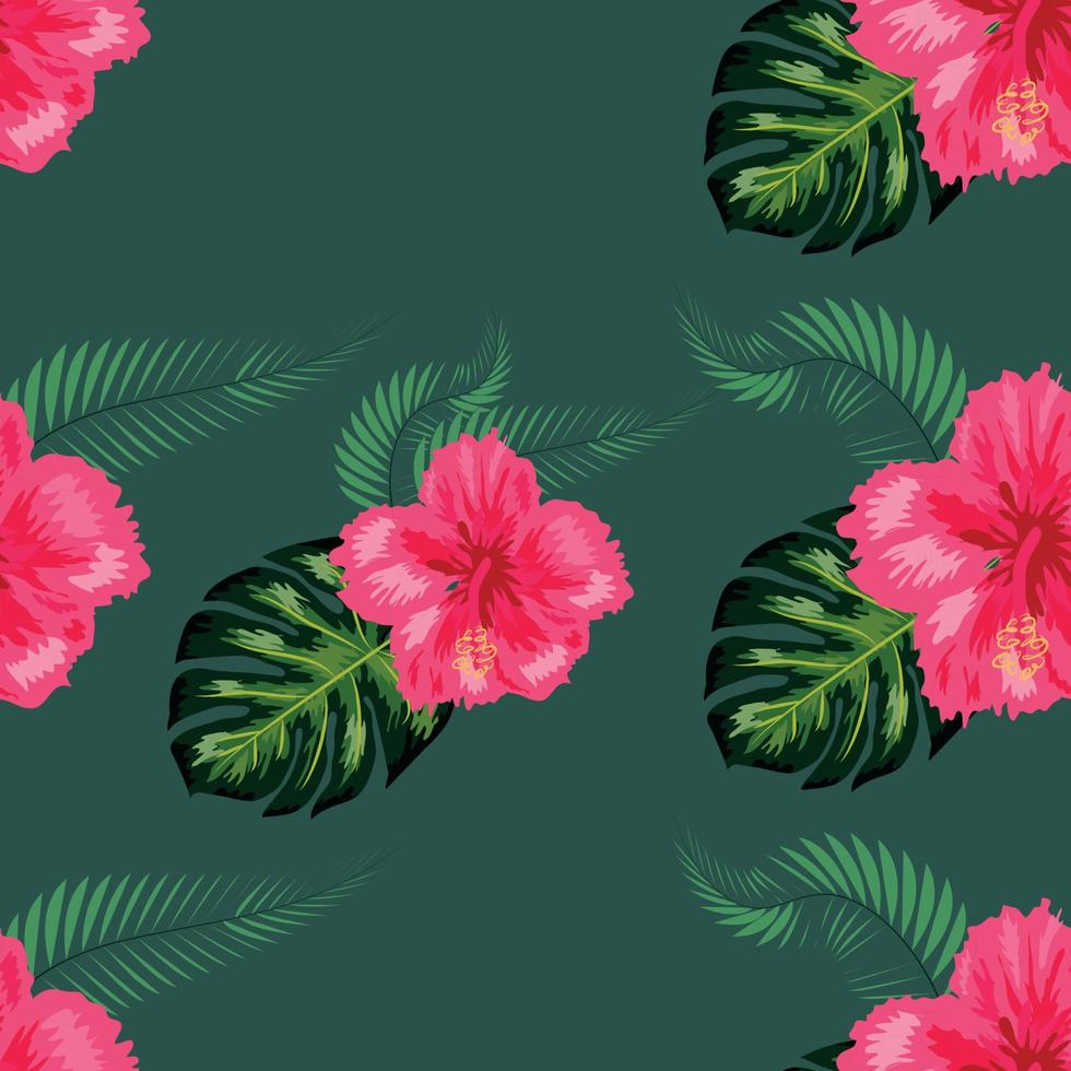 Tropical hibiscus flowers and palm leaves bouquets seamless pattern vector