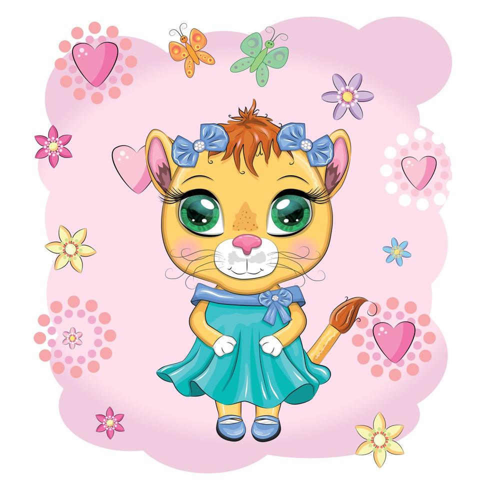 Cartoon lioness in a beautiful dress with bows and flowers. Girl character, wild animal with human traits vector