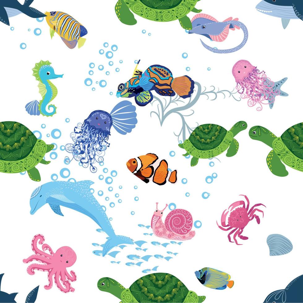 Marine life, fish, animals bright seamless pattern. sea travel, underwater diving animal tropical fish. Jellyfish, whale, shark, seahorse, clown fish, dolphin, turtle, emperor vector