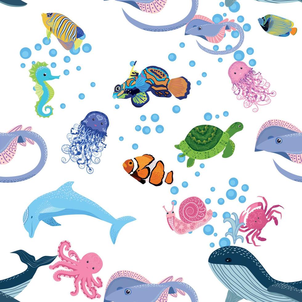 Marine life, fish, animals bright seamless pattern. sea travel, underwater diving animal tropical fish. Jellyfish, whale, shark, seahorse, clown fish, dolphin, turtle, emperor vector