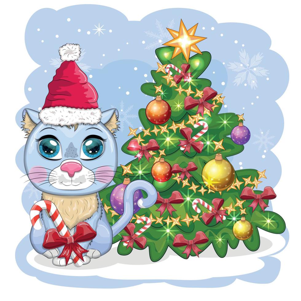 lindo gato de dibujos animados en el sombrero de santa cerca del árbol de navidad decorado. invierno 2023, navidad y nuevo chino vector