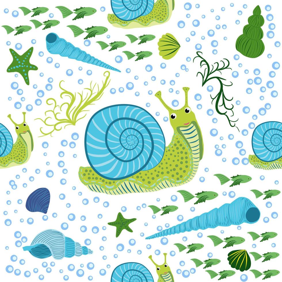 Snail, sea inhabitants seamless pattern, beautiful character among seashells, seaweed, starfish, sea animals of wildlife vector