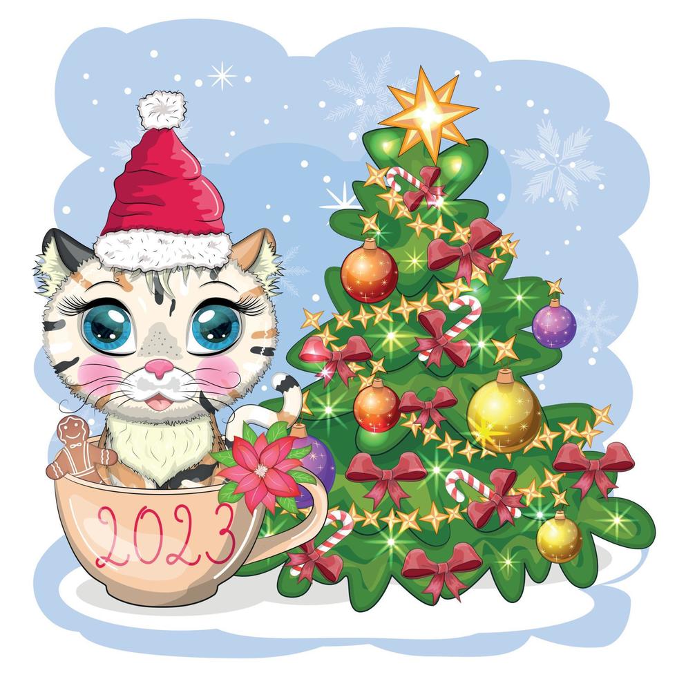 Cute cartoon cat in Santa's hat near the decorated Christmas tree. Winter 2023, Christmas and Chinese New vector