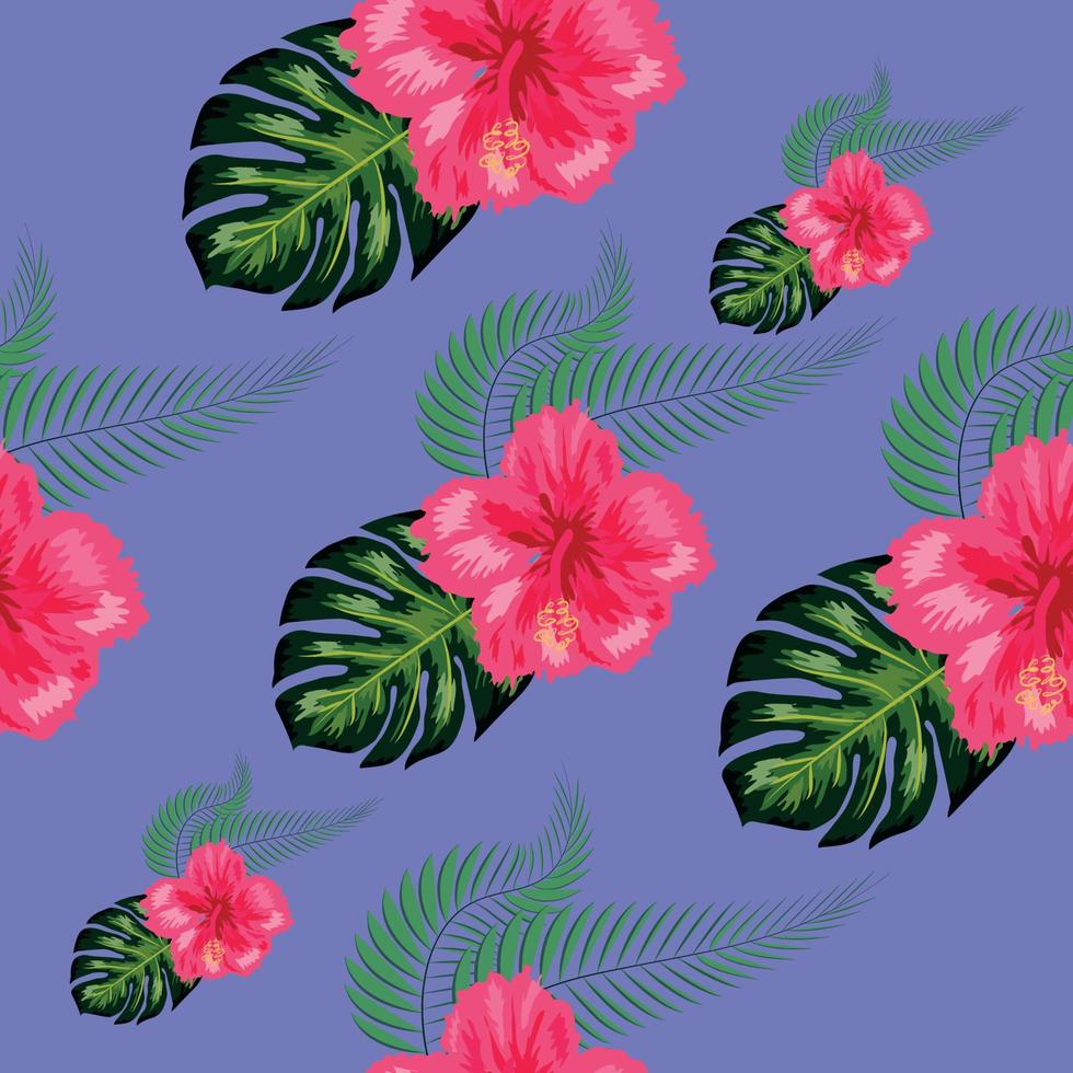 flores de hibisco tropical y ramos de hojas de palma de patrones sin fisuras vector