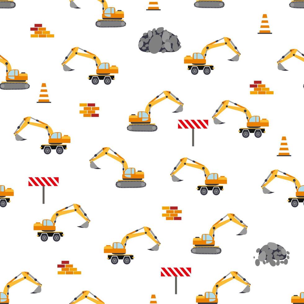 Cute childish seamless pattern with yellow car dump truck, crane, concrete mixer. Construction site illustration in cartoon style vector